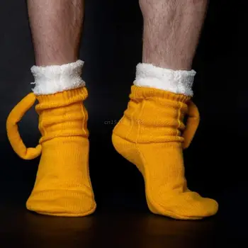 3D Чорапи с Чаша Бира, Сладки Унисекс, Забавни, Новост, Жълти терлици, Зимни Топли Дебели Чорапи за Мъже и Жени, Подарък за Коледа