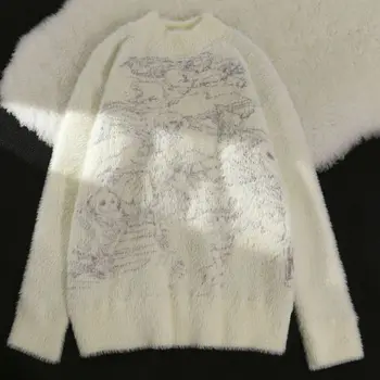 Y2K Череп е Модел на Вълна Свободен Зимен Пуловер Женски Бял Мързелив Готически Пуловер С Дълъг Ръкав Модерен Ретро Вязаный Пуловер