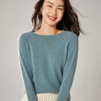Вълнен пуловер от 100% австралийска вълна, с кръгло деколте, женски пролетно-есенен топъл вязаный пуловер, мек пуловер, вълнен пуловер