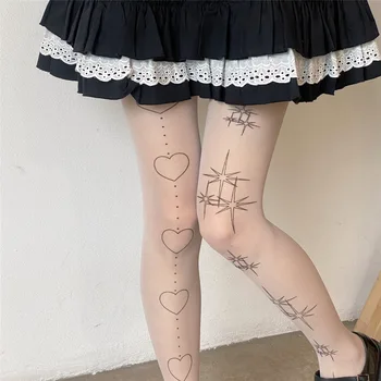 Звездата на сърцето Лолита чорапи, татуировки чорапогащник с шарени мрежести чорапи Котенце японски Джоан чорапогащник готически cosplay дантела на черни чорапогащи