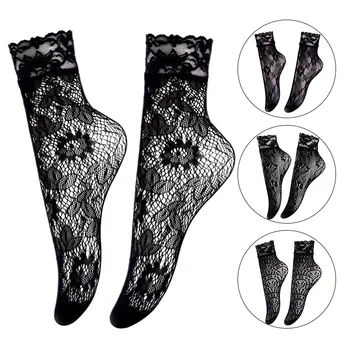 Реколта Дантелени Дамски Чорапи Летни Цветя Мрежести Еластични Прозрачни Къси Чорапи До Глезените Женствена Рокля В стил Лолита 